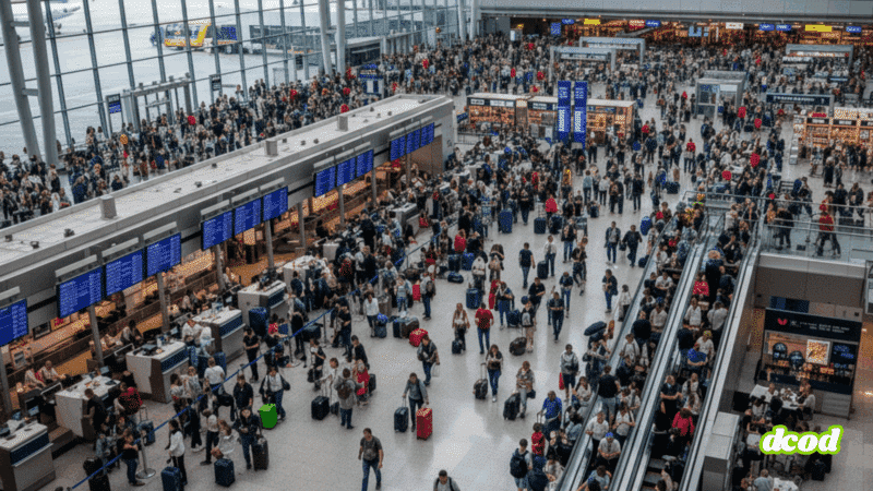 Vue en plongée d'un vaste hall d'aéroport lumineux et bondé, où une foule de voyageurs avec leurs bagages circule entre les comptoirs d'enregistrement et les escalators, sous une structure architecturale moderne.
