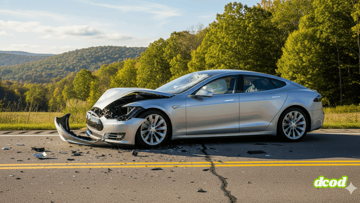 Photographie hyper-réaliste d'une Tesla Model S accidentée sur une route asphaltée, avec des débris de voiture éparpillés