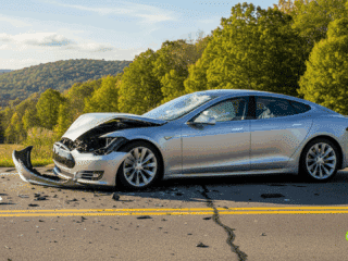 Photographie hyper-réaliste d'une Tesla Model S accidentée sur une route asphaltée, avec des débris de voiture éparpillés