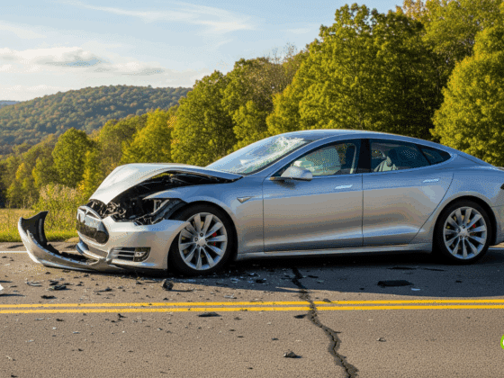 Photographie hyper-réaliste d'une Tesla Model S accidentée sur une route asphaltée, avec des débris de voiture éparpillés