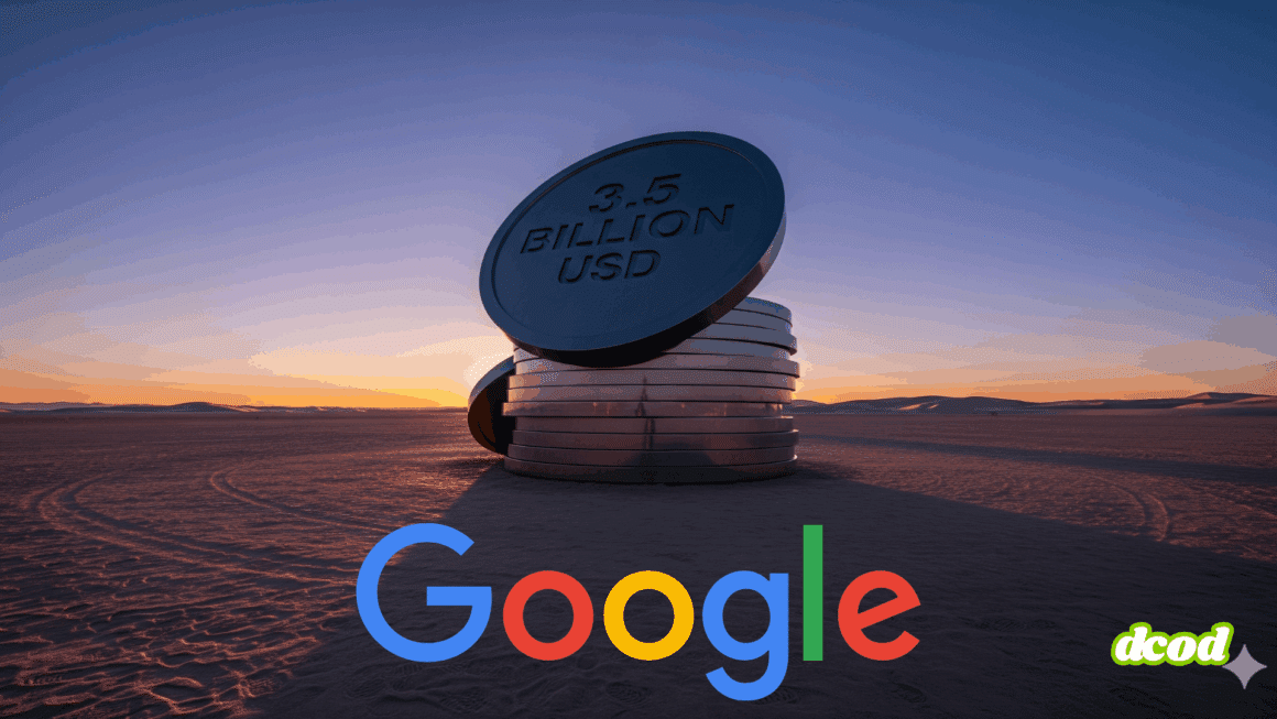 Représentation abstraite et hyper-réaliste d'une amende financière imposée à Google, avec une sculpture imposante symbolisant le poids de la sanction.