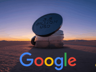 Représentation abstraite et hyper-réaliste d'une amende financière imposée à Google, avec une sculpture imposante symbolisant le poids de la sanction.