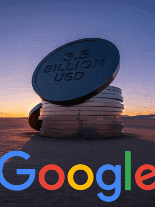 Représentation abstraite et hyper-réaliste d'une amende financière imposée à Google, avec une sculpture imposante symbolisant le poids de la sanction.