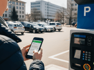 Photo hyper-réaliste d'une personne recevant un SMS de confirmation devant une borne de paiement de parking en Suisse