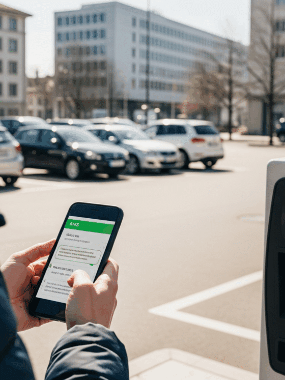Photo hyper-réaliste d'une personne recevant un SMS de confirmation devant une borne de paiement de parking en Suisse