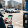 Photo hyper-réaliste d'une personne recevant un SMS de confirmation devant une borne de paiement de parking en Suisse