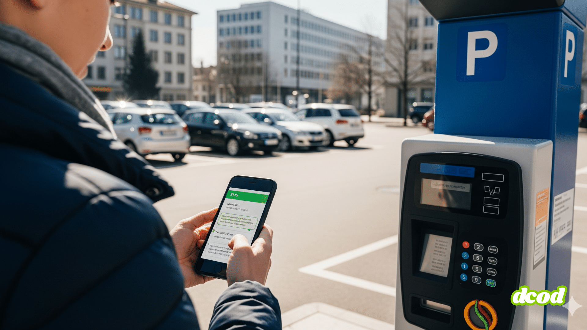 Photo hyper-réaliste d'une personne recevant un SMS de confirmation devant une borne de paiement de parking en Suisse