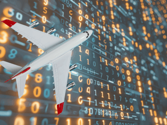 Illustration d’un avion de ligne volant devant un fond de données numériques en code binaire, symbolisant la transformation digitale et les enjeux de cybersécurité dans le secteur aérien.