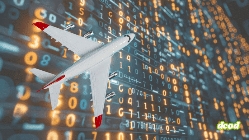 Illustration d’un avion de ligne volant devant un fond de données numériques en code binaire, symbolisant la transformation digitale et les enjeux de cybersécurité dans le secteur aérien.