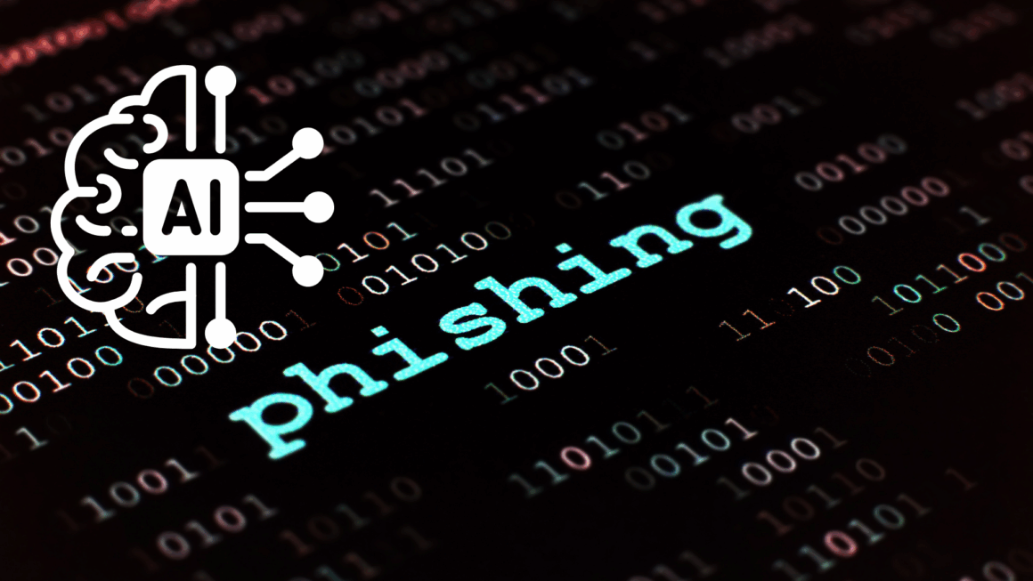 Image illustrant le mot « phishing » en lettres lumineuses sur un fond de code binaire, avec une icône de cerveau symbolisant l’intelligence artificielle, représentant l’utilisation de l’IA dans les attaques de phishing.