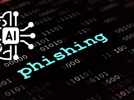 Image illustrant le mot « phishing » en lettres lumineuses sur un fond de code binaire, avec une icône de cerveau symbolisant l’intelligence artificielle, représentant l’utilisation de l’IA dans les attaques de phishing.