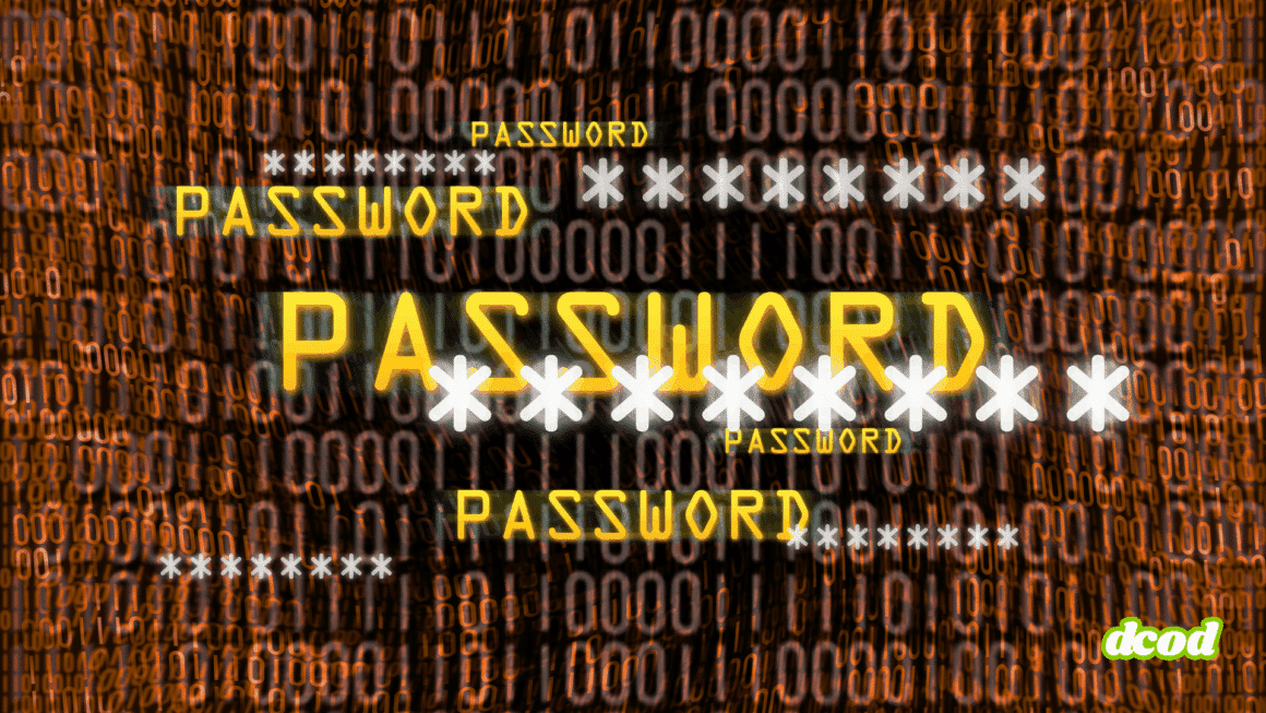 Illustration numérique représentant plusieurs occurrences du mot "password" (mot de passe) accompagné d’astérisques, sur un fond de chiffres binaires orange, symbolisant la cybersécurité et la protection des données.