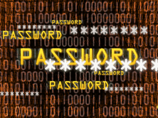 Illustration numérique représentant plusieurs occurrences du mot "password" (mot de passe) accompagné d’astérisques, sur un fond de chiffres binaires orange, symbolisant la cybersécurité et la protection des données.