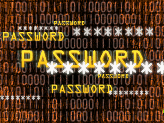 Illustration numérique représentant plusieurs occurrences du mot "password" (mot de passe) accompagné d’astérisques, sur un fond de chiffres binaires orange, symbolisant la cybersécurité et la protection des données.