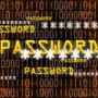 Illustration numérique représentant plusieurs occurrences du mot "password" (mot de passe) accompagné d’astérisques, sur un fond de chiffres binaires orange, symbolisant la cybersécurité et la protection des données.