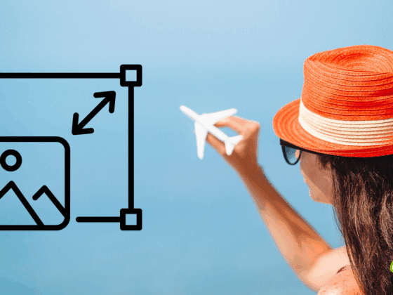 Femme de dos portant un chapeau orange, tenant un avion miniature face à la mer, avec une icône de redimensionnement d’image superposée à gauche et le logo « dcod » en bas à droite.