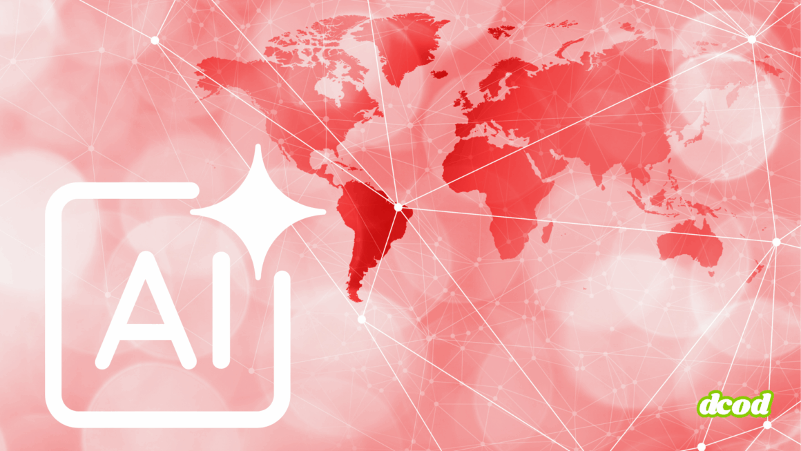 Carte du monde stylisée en rouge avec des connexions en réseau symbolisant l’intelligence artificielle à l’échelle mondiale, icône « AI » en surimpression à gauche et logo « DCOD » en bas à droite.