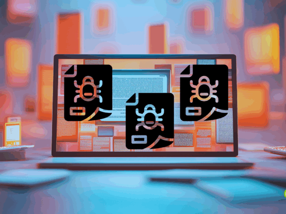 Illustration d’un écran d’ordinateur affichant plusieurs documents numériques avec des icônes de virus, symbolisant la propagation de malwares via des fichiers infectés, dans un environnement numérique coloré et abstrait.