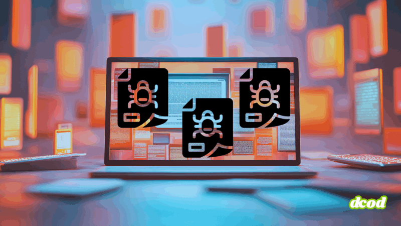 Illustration d’un écran d’ordinateur affichant plusieurs documents numériques avec des icônes de virus, symbolisant la propagation de malwares via des fichiers infectés, dans un environnement numérique coloré et abstrait.
