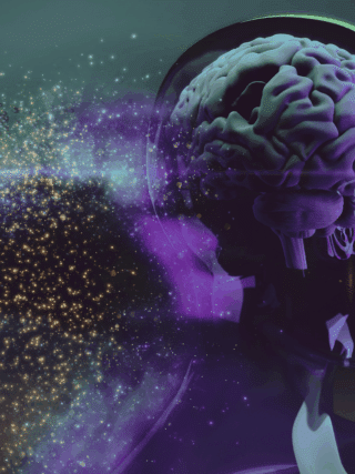 Illustration numérique d’un cerveau humain en 3D à l’intérieur d’une tête translucide, entouré de particules lumineuses symbolisant le flux de données et l’intelligence artificielle.