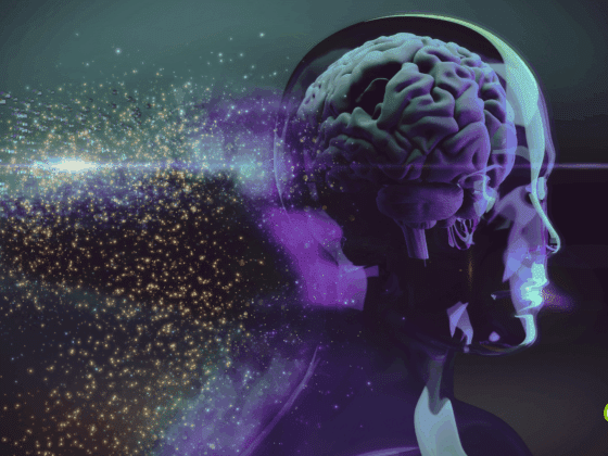 Illustration numérique d’un cerveau humain en 3D à l’intérieur d’une tête translucide, entouré de particules lumineuses symbolisant le flux de données et l’intelligence artificielle.