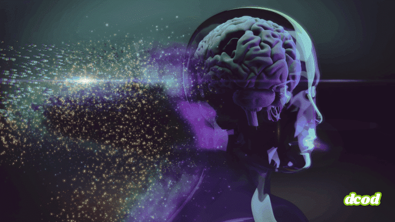 Illustration numérique d’un cerveau humain en 3D à l’intérieur d’une tête translucide, entouré de particules lumineuses symbolisant le flux de données et l’intelligence artificielle.