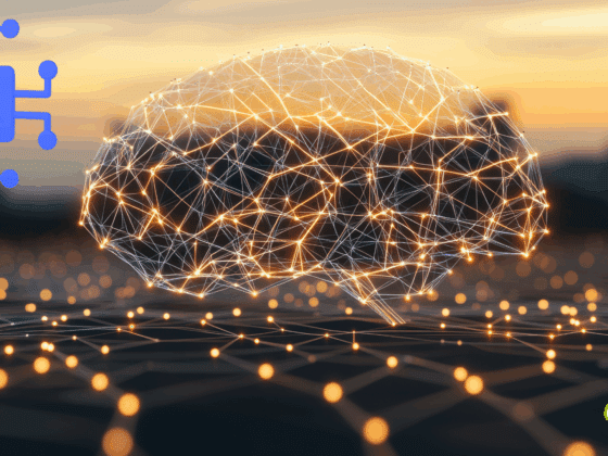 Illustration d’un cerveau numérique stylisé, composé de réseaux de points lumineux interconnectés, symbolisant l’intelligence artificielle (IA), sur fond de paysage urbain flou au coucher du soleil. Icône de puce AI en haut à gauche et logo « dcod » en bas à droite.