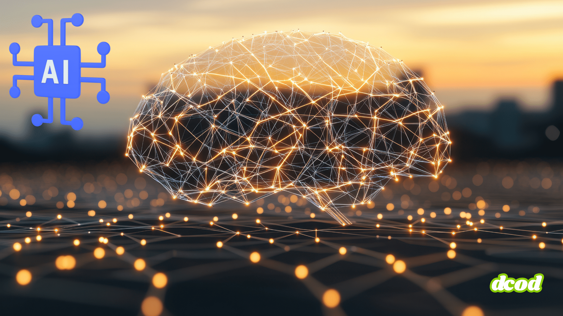 Illustration d’un cerveau numérique stylisé, composé de réseaux de points lumineux interconnectés, symbolisant l’intelligence artificielle (IA), sur fond de paysage urbain flou au coucher du soleil. Icône de puce AI en haut à gauche et logo « dcod » en bas à droite.