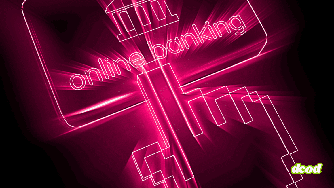 Illustration néon rose d’une clé symbolisant la sécurité, avec le mot "online banking" et une icône de bâtiment bancaire, représentant les services de banque en ligne sécurisés.