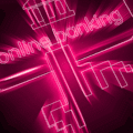 Illustration néon rose d’une clé symbolisant la sécurité, avec le mot "online banking" et une icône de bâtiment bancaire, représentant les services de banque en ligne sécurisés.