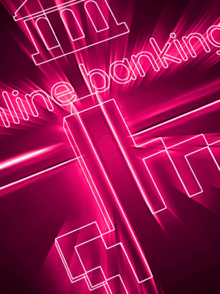 Illustration néon rose d’une clé symbolisant la sécurité, avec le mot "online banking" et une icône de bâtiment bancaire, représentant les services de banque en ligne sécurisés.