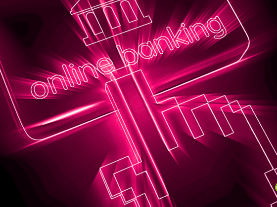 Illustration néon rose d’une clé symbolisant la sécurité, avec le mot "online banking" et une icône de bâtiment bancaire, représentant les services de banque en ligne sécurisés.