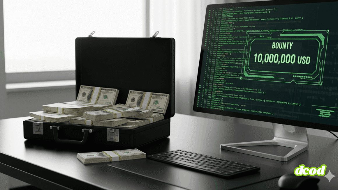 Photographie hyper-réaliste d'un bureau de cybersécurité, avec un ordinateur affichant du code complexe et une mallette d'argent ouverte.