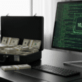 Photographie hyper-réaliste d'un bureau de cybersécurité, avec un ordinateur affichant du code complexe et une mallette d'argent ouverte.