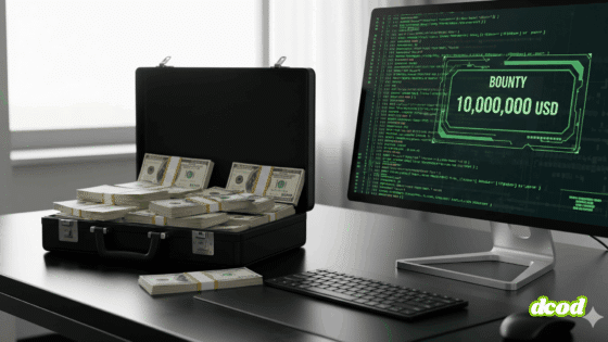 Photographie hyper-réaliste d'un bureau de cybersécurité, avec un ordinateur affichant du code complexe et une mallette d'argent ouverte.