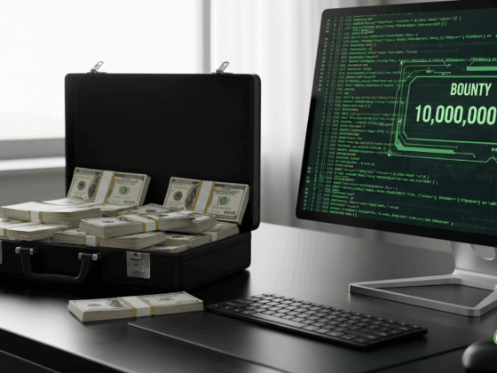 Photographie hyper-réaliste d'un bureau de cybersécurité, avec un ordinateur affichant du code complexe et une mallette d'argent ouverte.