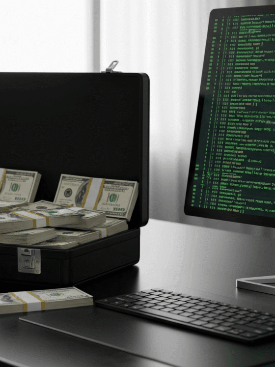 Photographie hyper-réaliste d'un bureau de cybersécurité, avec un ordinateur affichant du code complexe et une mallette d'argent ouverte.
