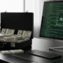 Photographie hyper-réaliste d'un bureau de cybersécurité, avec un ordinateur affichant du code complexe et une mallette d'argent ouverte.