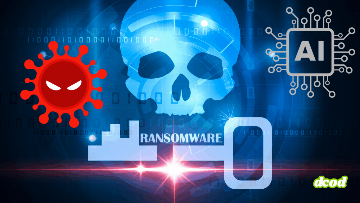 Illustration représentant une menace informatique avec une tête de mort bleue symbolisant un ransomware, une puce électronique marquée "AI" pour l'intelligence artificielle, et une icône de virus rouge, sur fond de code binaire, mettant en évidence l’utilisation de l’IA dans les cyberattaques.