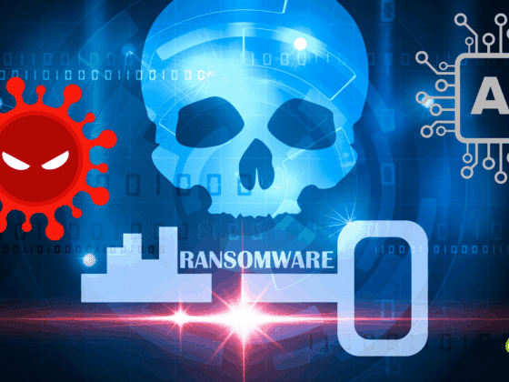 Illustration représentant une menace informatique avec une tête de mort bleue symbolisant un ransomware, une puce électronique marquée "AI" pour l'intelligence artificielle, et une icône de virus rouge, sur fond de code binaire, mettant en évidence l’utilisation de l’IA dans les cyberattaques.