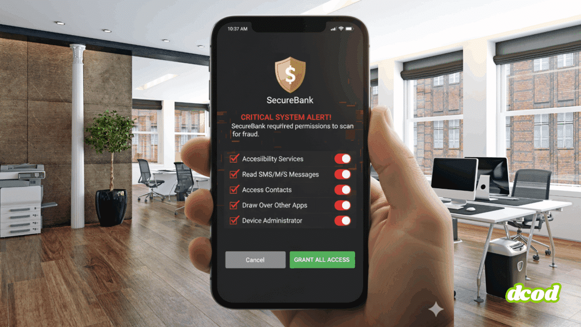 Main tenant un smartphone affichant une fausse alerte système critique de l’application fictive "SecureBank", demandant des autorisations sensibles comme l’accès aux messages, contacts et services d’accessibilité, dans un bureau moderne. Risque de phishing ou de malware.