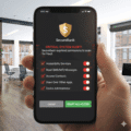 Main tenant un smartphone affichant une fausse alerte système critique de l’application fictive "SecureBank", demandant des autorisations sensibles comme l’accès aux messages, contacts et services d’accessibilité, dans un bureau moderne. Risque de phishing ou de malware.