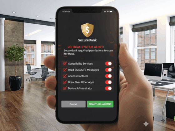Main tenant un smartphone affichant une fausse alerte système critique de l’application fictive "SecureBank", demandant des autorisations sensibles comme l’accès aux messages, contacts et services d’accessibilité, dans un bureau moderne. Risque de phishing ou de malware.