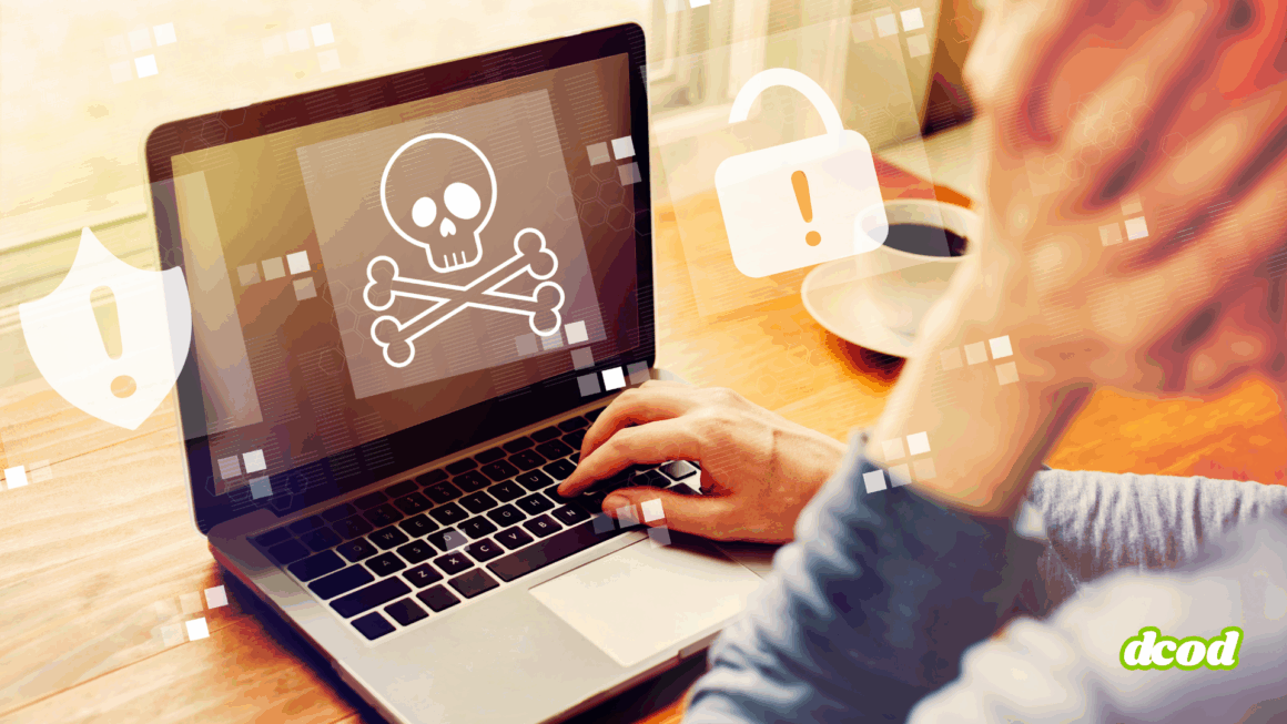 Une personne devant un ordinateur portable dont l’écran affiche une icône de tête de mort symbolisant un malware ou une cyberattaque, avec des pictogrammes d’alerte en surimpression, illustrant un problème de sécurité informatique.
