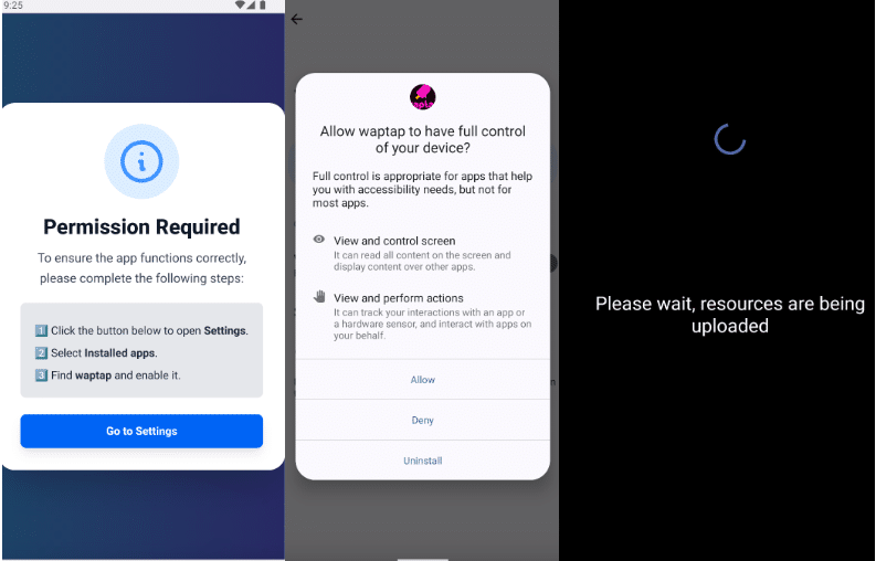Logiciel malveillant demandant des services d'accessibilité à la victime (copies d'écran source zLabs de Zimperium)