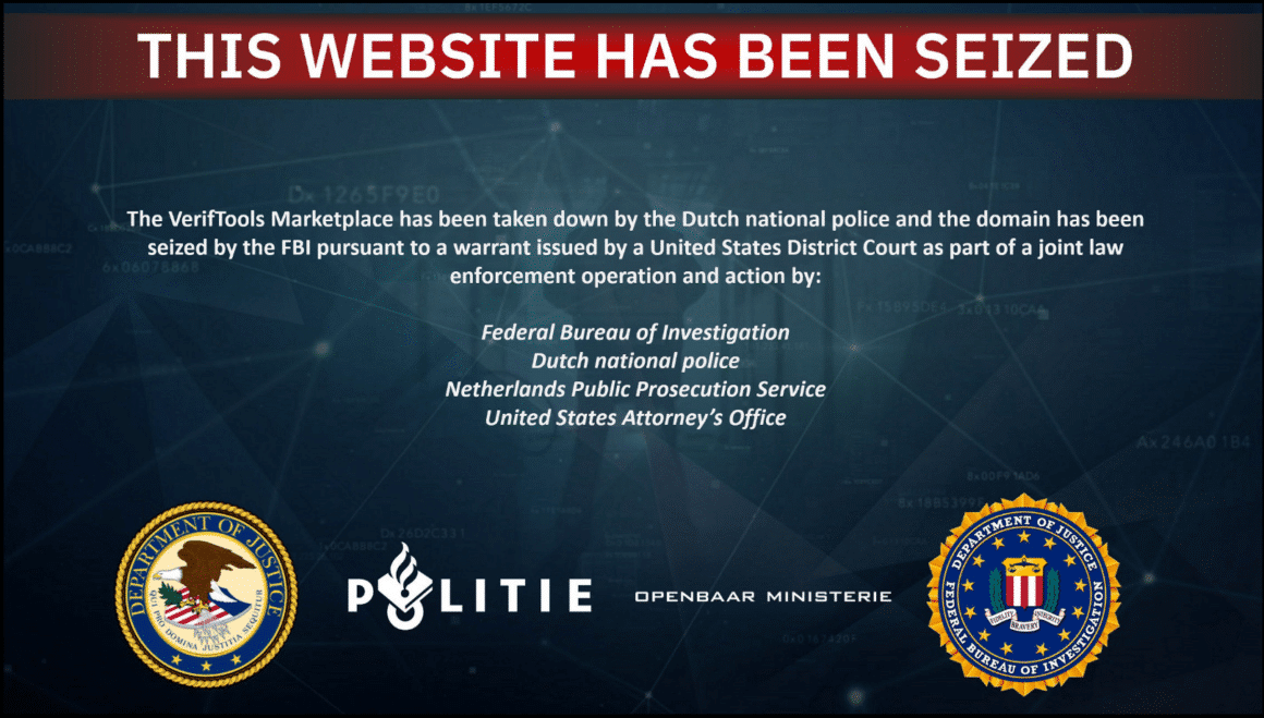 Veriftools et faux papiers : site saisi et risques pénaux 8 Page d’accueil VerifTools indiquant que ce site web a été saisi par le DOJ + la Politie néerlandaise