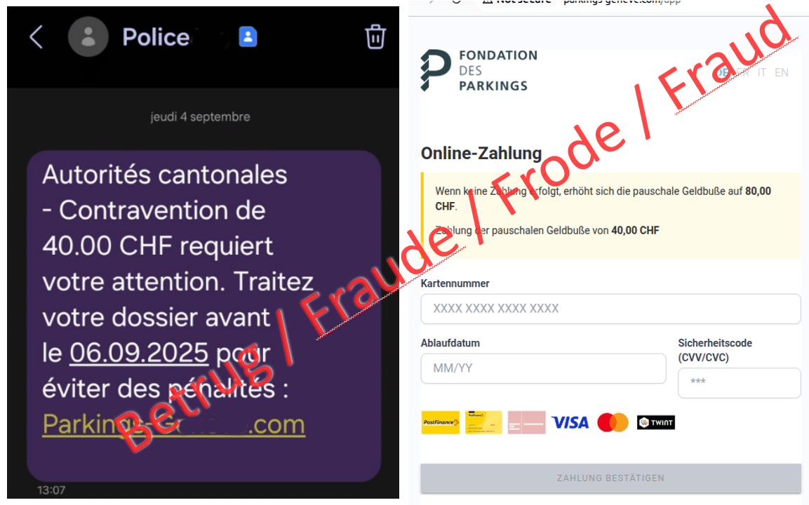 Copie d'écran de fausses contraventions reçues par SMS (Source de l'image OFCS)