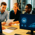Quatre professionnels en réunion autour d’une table dans un bureau moderne, analysant des documents et des données affichées sur des écrans montrant des graphiques de croissance liés à l’intelligence artificielle (IA).