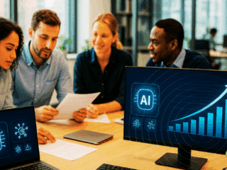 Quatre professionnels en réunion autour d’une table dans un bureau moderne, analysant des documents et des données affichées sur des écrans montrant des graphiques de croissance liés à l’intelligence artificielle (IA).