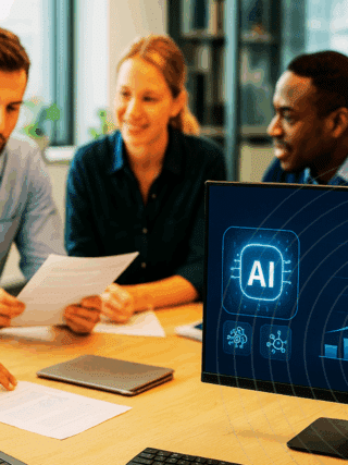 Quatre professionnels en réunion autour d’une table dans un bureau moderne, analysant des documents et des données affichées sur des écrans montrant des graphiques de croissance liés à l’intelligence artificielle (IA).